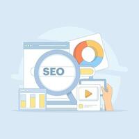 Search engine optimization concept, social media marketing. search marketing, SEO services, analysis and planning strategies. SEO optimization. flat design illustration on background. vector