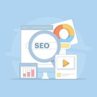 Search engine optimization concept, social media marketing. search marketing, SEO services, analysis and planning strategies. SEO optimization. flat illustration on background. vector