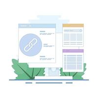 Website Link Building Concept, Link Building as Search Engine Optimization, Link Marketing and Building. hyperlink system creation, website cooperation. Flat design illustration in the background. vector