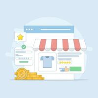 eCommerce Marketing Concept. Browsing eCommerce Website, Buying products from eCommerce web. Safe online shopping. Flat cartoon style design illustration on background. vector