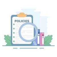 Regulatory compliance rules concept for office employees to achieve business goals, moral and productivity standards, company policies with checklist. Flat style illustration on background. vector