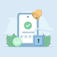 User verification concept, security system. verification check mark. receiving OTP code. one time password for protection. cyber security, secure authentication. flat style design illustration. vector