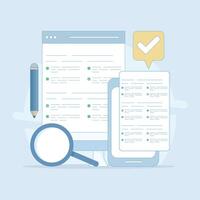 Testing concept. Reading test. Online test, questionnaire form, Explore quiz checklist answers and success results. Online education, survey metaphor. Flat design illustration. vector