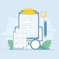 Testing concept. Reading test. Online exam, questionnaire form, Explore quiz checklist answers and success results. Online education, survey metaphor. Flat design illustration in the background. vector