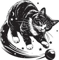 Playful tabby cat playing with a ball in dynamic black and white illustration vector