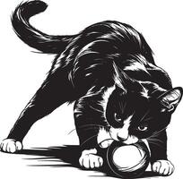 Monochrome artwork of black and white cat playing with a toy ball vector