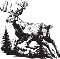 Running deer in forest setting illustrated in black and white style vector