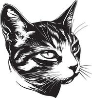 Black and white hand drawn art of cat head with intense side glance vector