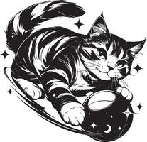 Black and white drawing of a tabby cat pouncing on a rolling ball vector