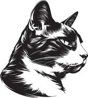 Black and white hand drawn illustration of cat head in calm side profile view vector