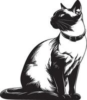 Standing cat in black and white illustration with collar and upward gaze vector