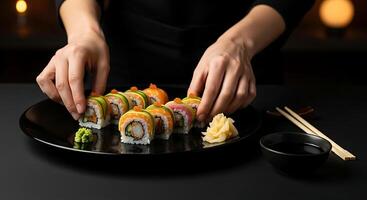Arranging Sushi Rolls on Plate with Ginger and Wasabi photo