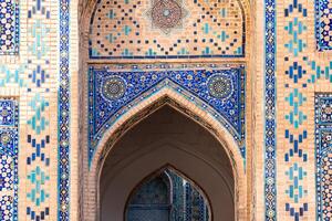 Samarkand, Uzbekistan - august 13, 2023-Particular of Shakhi Zinda necropolis, a famous mausoleum complex in Samarkand during a sunny day photo
