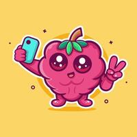 happy raspberry fruit character mascot taking a selfie with a smartphone isolated cartoon vector
