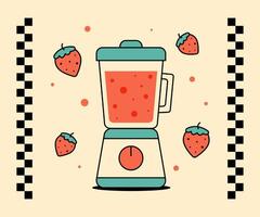 Colorful retro card with kitchen blender and strawberries. Nostalgic postcard for kitchen graphics, cooking tutorials, juice or smoothie concepts and retro appliance designs. Flat illustration vector