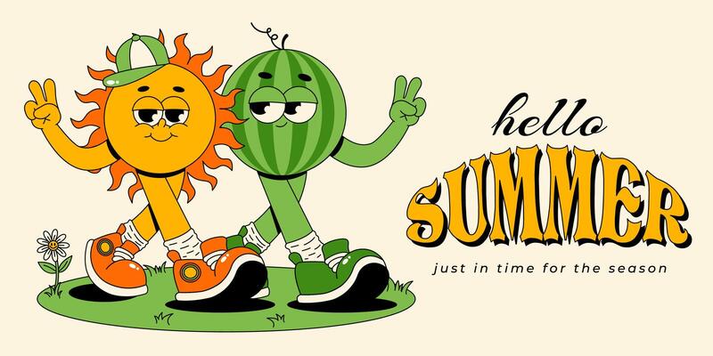 Hello summer banner. Retro groovy summer characters sun and watermelon. illustration for advertisement, promo, ad, billboard, promotional
