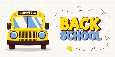 Colorful back to school banner with school bus, text, paper planes and dashed flight paths on squared paper. Template for education themed designs. illustration vector