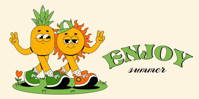 Enjoy summer banner. Retro groovy summer characters sun and pineapple. illustration for advertisement, promo, ad, billboard, promotional