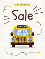 Back to school sale, discount card or flyer with school bus, paper planes and dashed flight paths on squared paper. Template for education ads and school promotions. illustration vector
