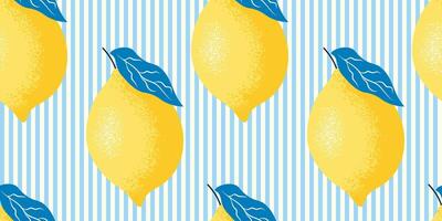 Seamless pattern of blue stripes with Amalfi lemons. Italian background with citrus fruits. illustration for fabric, wrapping paper vector