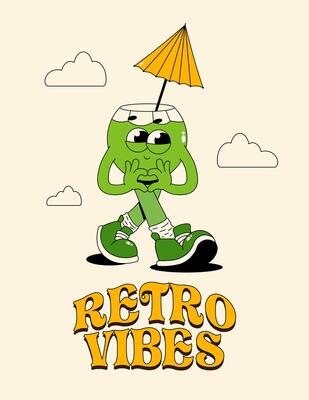 Retro vibes poster. Groovy character coconut cocktail with cute face. Vintage summer illustration 70s, 80s style