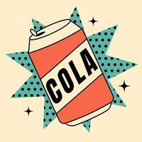 Colorful retro card with soda can. Postcard for drinks design, pop art collections and snack bars. Flat illustration in 1950s style vector