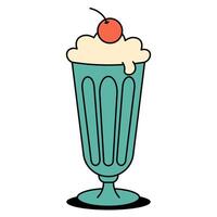 Classic milkshake with whipped cream and cherry on top. Fun nostalgic design for dessert menus, posters or vintage food projects. Flat illustration on white background vector