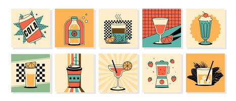 Retro cards, stickers, patches with different drinks, cocktails, cola, coffee and more. Colorful design for bar, snack bar cafe and summer themes. Flat illustration set in 1950s style vector