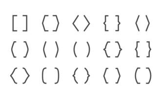 Set of Bracket Icons in Various Styles on White Background. Collection of different bracket icon styles including square, curly, round, and angle brackets in black vector