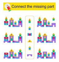 Connect the missing part. Attention task for kids. Cartoon castle. vector