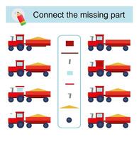 Connect the missing part. Task for the development of attention and logic. Cartoon tractors. vector