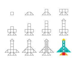 Worksheet easy guide to drawing cartoon rocket. Simple step-by-step drawing tutorial vector