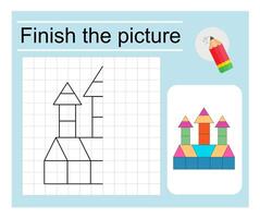 Logic game for children. Finish the picture - cartoon fortress. Coloring page. vector