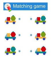 Matching game for kids. Task for the development of attention and logic. illustration of cartoon trucks. vector