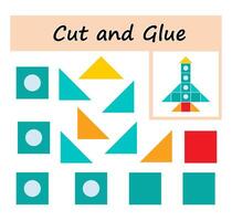 Educational game for children. Cut parts of the image and glue on the paper. DIY worksheet. illustration of rocket from geometric shapes. vector