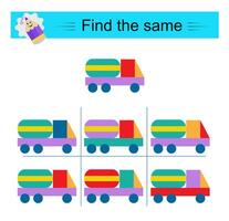 Puzzle game for kids. Task for development of attention and logic. Need to find same group of cartoon car. vector