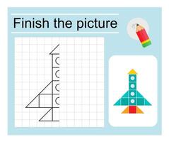 Logic game for children. Finish the picture - cartoon rocketship. Coloring page. vector