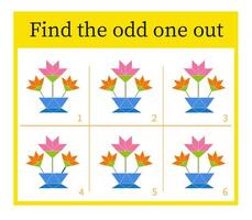 Puzzle game for children. Task for development of attention and logic. Cartoon flowers vector
