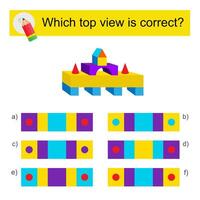 Logic puzzle for kids. Which top view is correct Answer is F. vector
