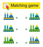 Matching game for kids. Task for the development of attention and logic. illustration of cartoon mosque. vector