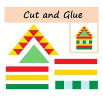 Cut parts of the image and glue on the paper. DIY worksheet. illustration of house from geometric shapes. vector