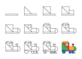 Worksheet easy guide to drawing cartoon locomotive. Simple step-by-step drawing tutorial for kids. vector