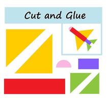 Educational paper game for children. Cut parts of the image and glue on the paper. DIY worksheet. illustration of rocket ship from geometric shapes. vector