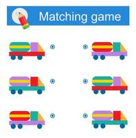 Matching game for kids. Task for the development of attention and logic. illustration of cartoon truck vector