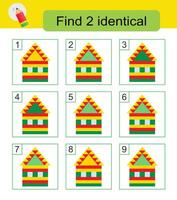 Fun puzzle game. Need to find two identical cartoon houses. Answer is 2,6. vector