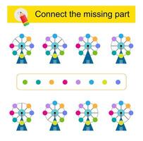 Connect the missing part. Task for the development of attention and logic. Cartoon Ferris wheel. vector