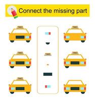 Connect the missing part. Task for the development of attention and logic. Cartoon taxi. vector
