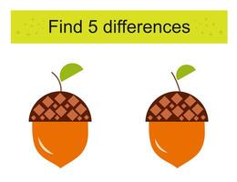Find 5 differences. Logic puzzle game for children. Cartoon acorn. vector