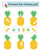 Connect the missing part. Attention task for kids. Cartoon pineapple. vector