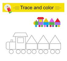 Trace and color for children. Preschool worksheet for practicing fine motor skills. Cartoon train. vector